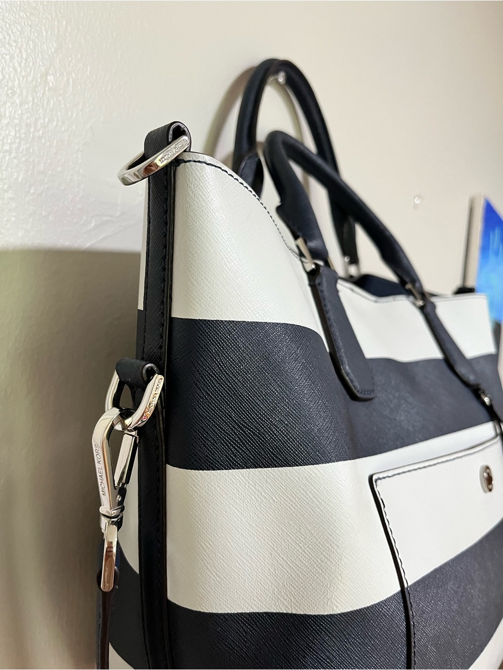 Michael Kors Black and White Striped Leather Tote with MK Charm - Picture 6 of 17